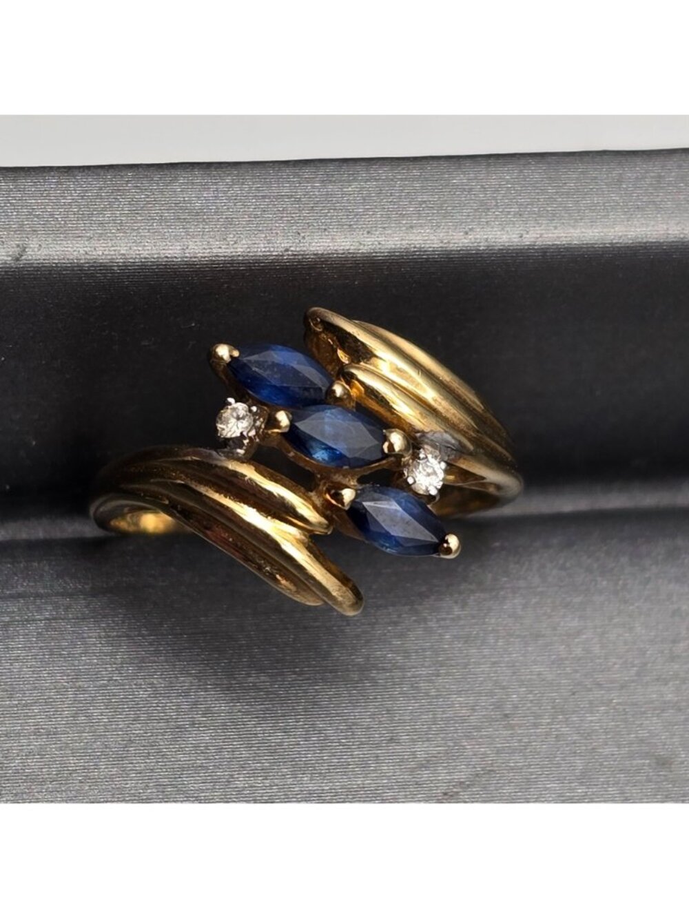 Vintage 10k Gold Sapphire Ring Size 7 Marquise Diamond Accent Cocktail Signed - Picture 10 of 16